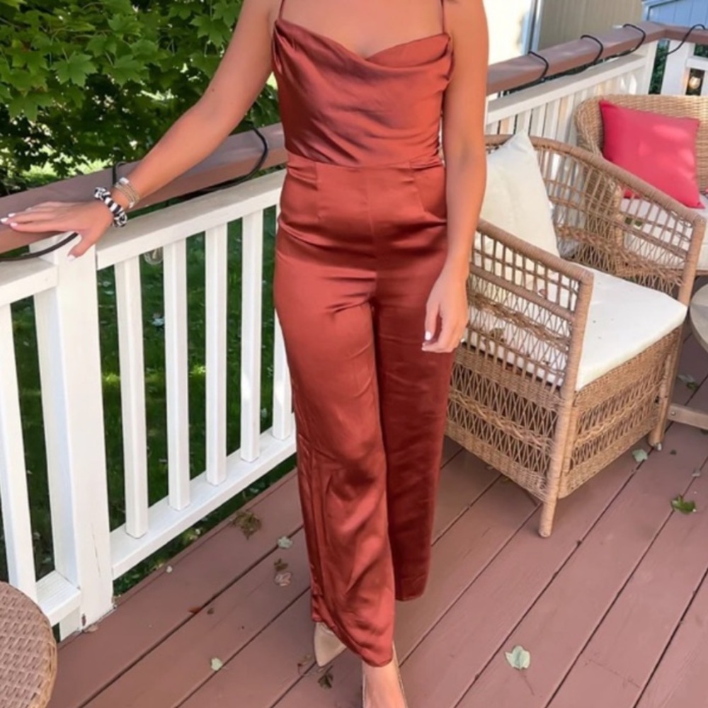 Cowl neck navy wide leg jumpsuit